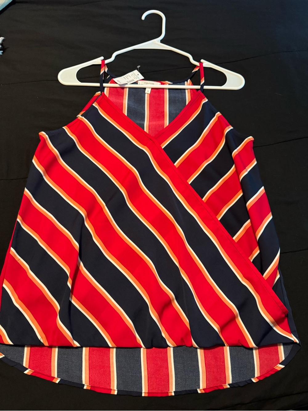 Maurices Red and Navy Striped spaghetti strap cross drape tank